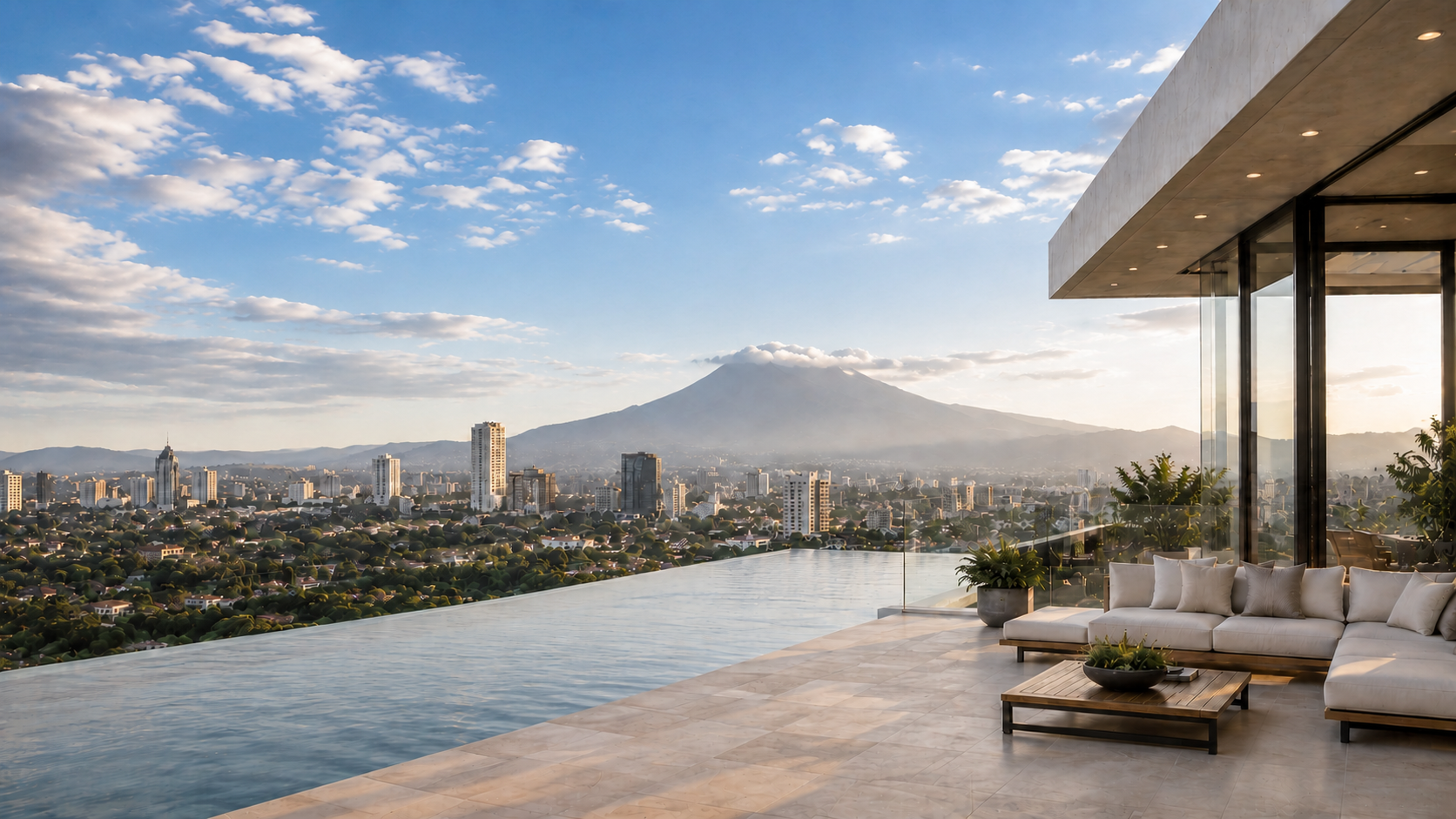 Modern residence terrace overlooking a Salvadoran volcano at dawn